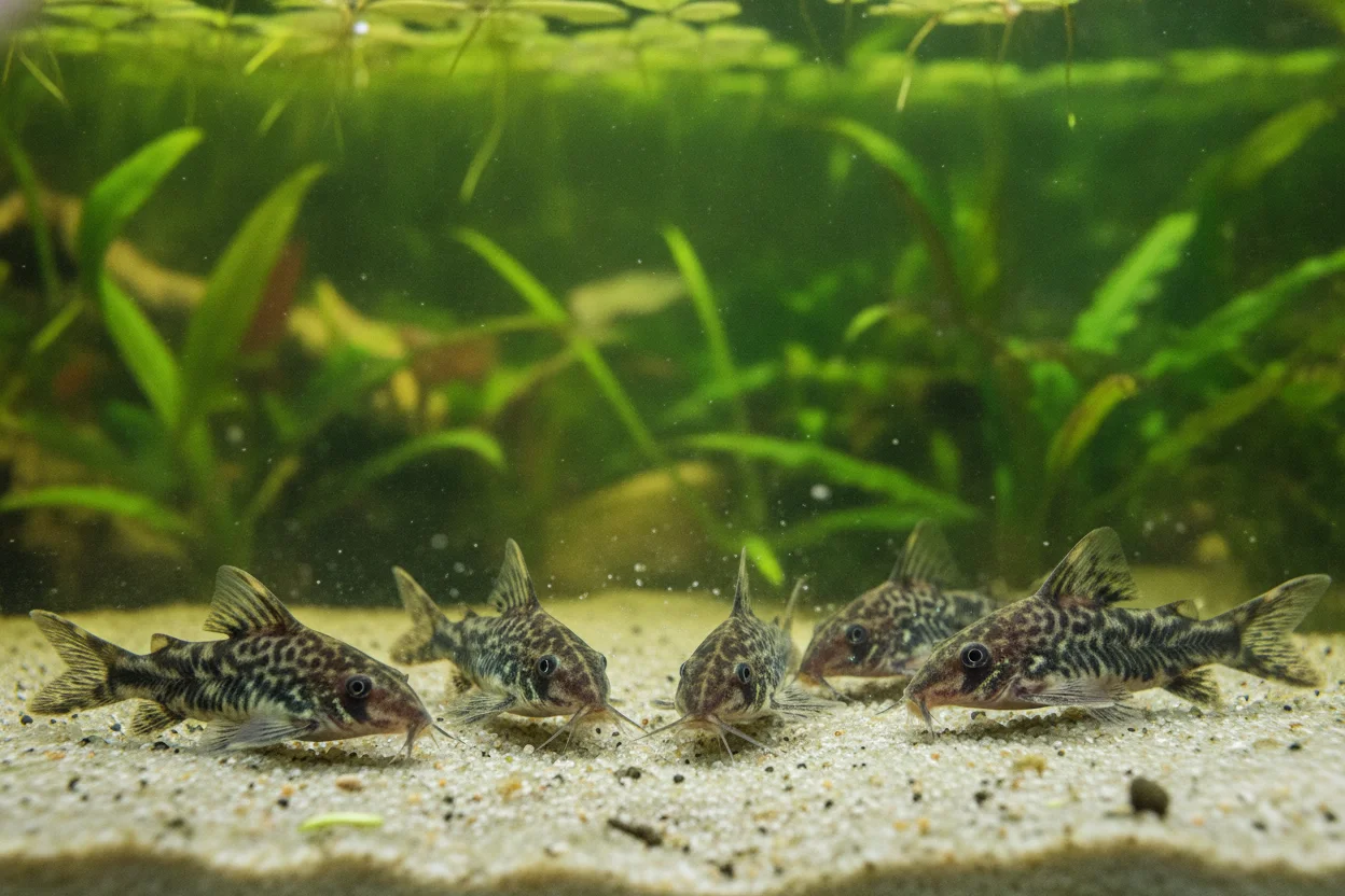 Grupo de corydoras buscando restos de comida en el fondo de arena del acuario