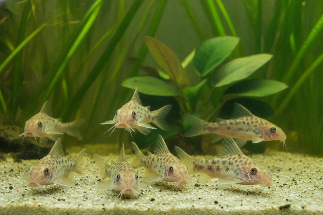 Cardumen de corydoras nadando en grupo por el fondo de un acuario plantado con sustrato de arena