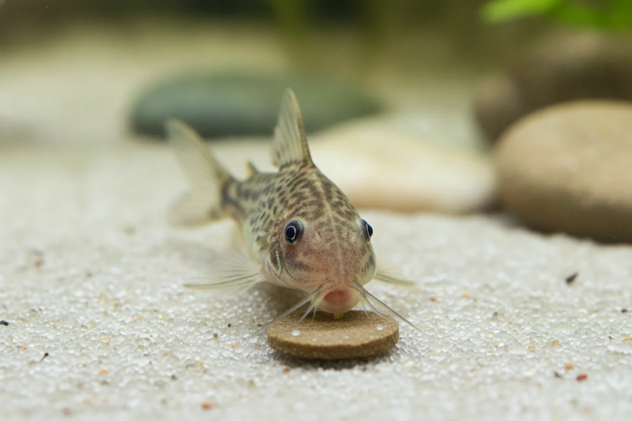 Corydora comiendo una oblea de fondo en sustrato de arena, mostrando su alimentación correcta