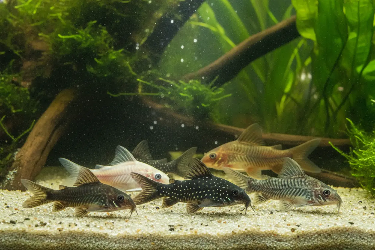 Cardumen mixto de distintos tipos de corydoras —panda, sterbai y paleatus— nadando juntos sobre sustrato de arena en un acuario plantado