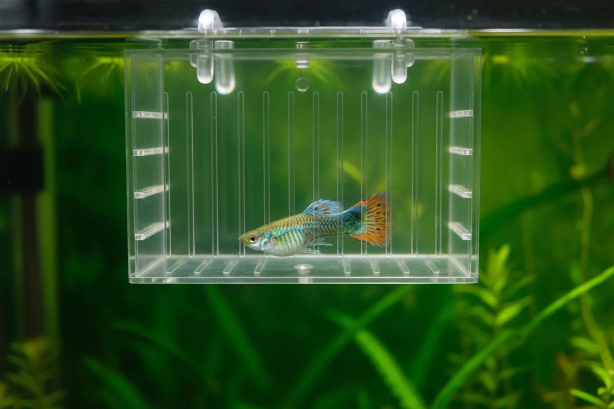 Paridera de plástico transparente con separador, colgada dentro de un acuario, con una hembra de guppy dentro