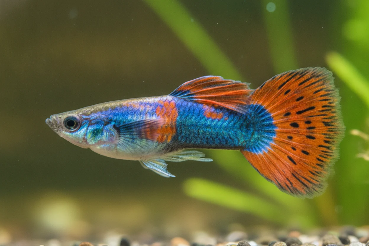 Guppy macho sano con colores vivos, aletas enteras y actitud activa en el acuario