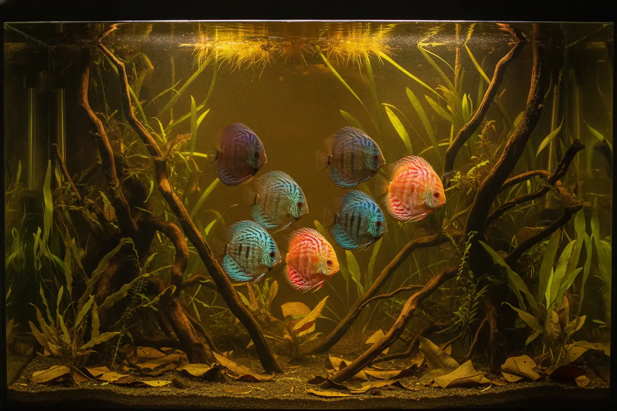 Acuario alto tipo biotopo amazónico con peces disco, raíces de madera oscura, arena clara y luz cálida tenue