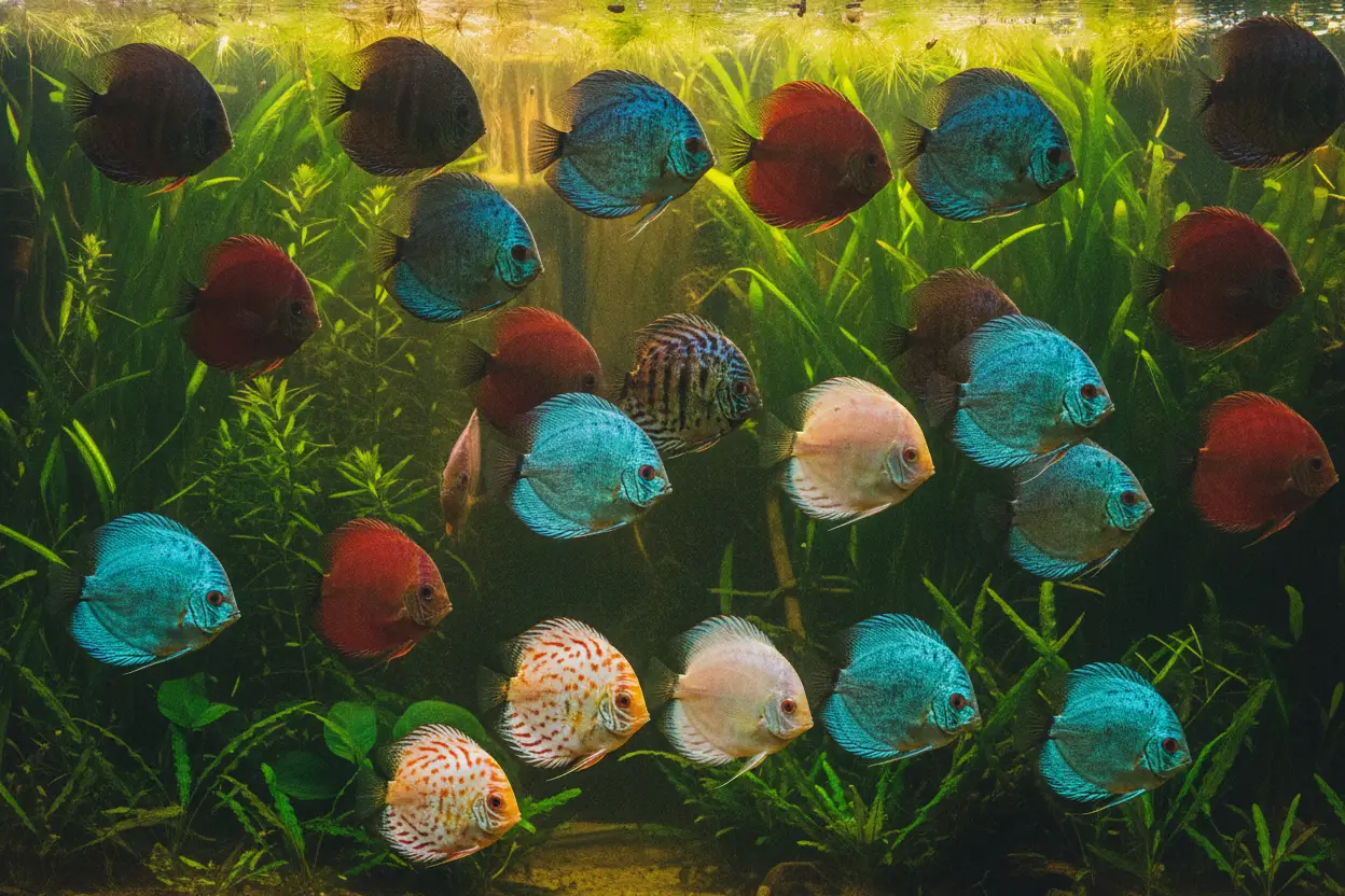 Grupo de seis peces disco de distintos colores —turquesa, rojo y blanco— nadando juntos en acuario amazónico