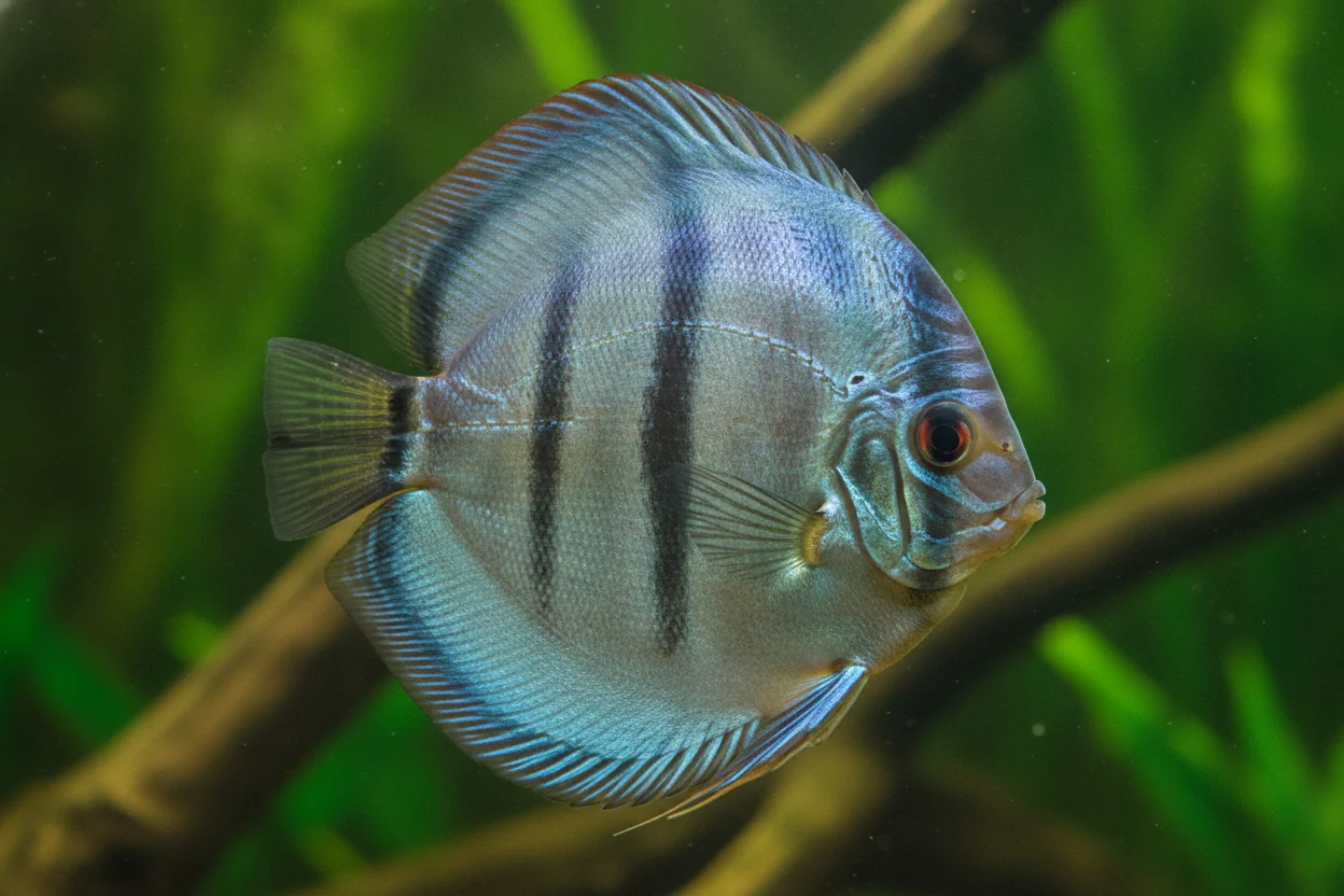 Pez disco Heckel (Symphysodon discus) con su característica 5ª barra central ancha y marcada en acuario amazónico
