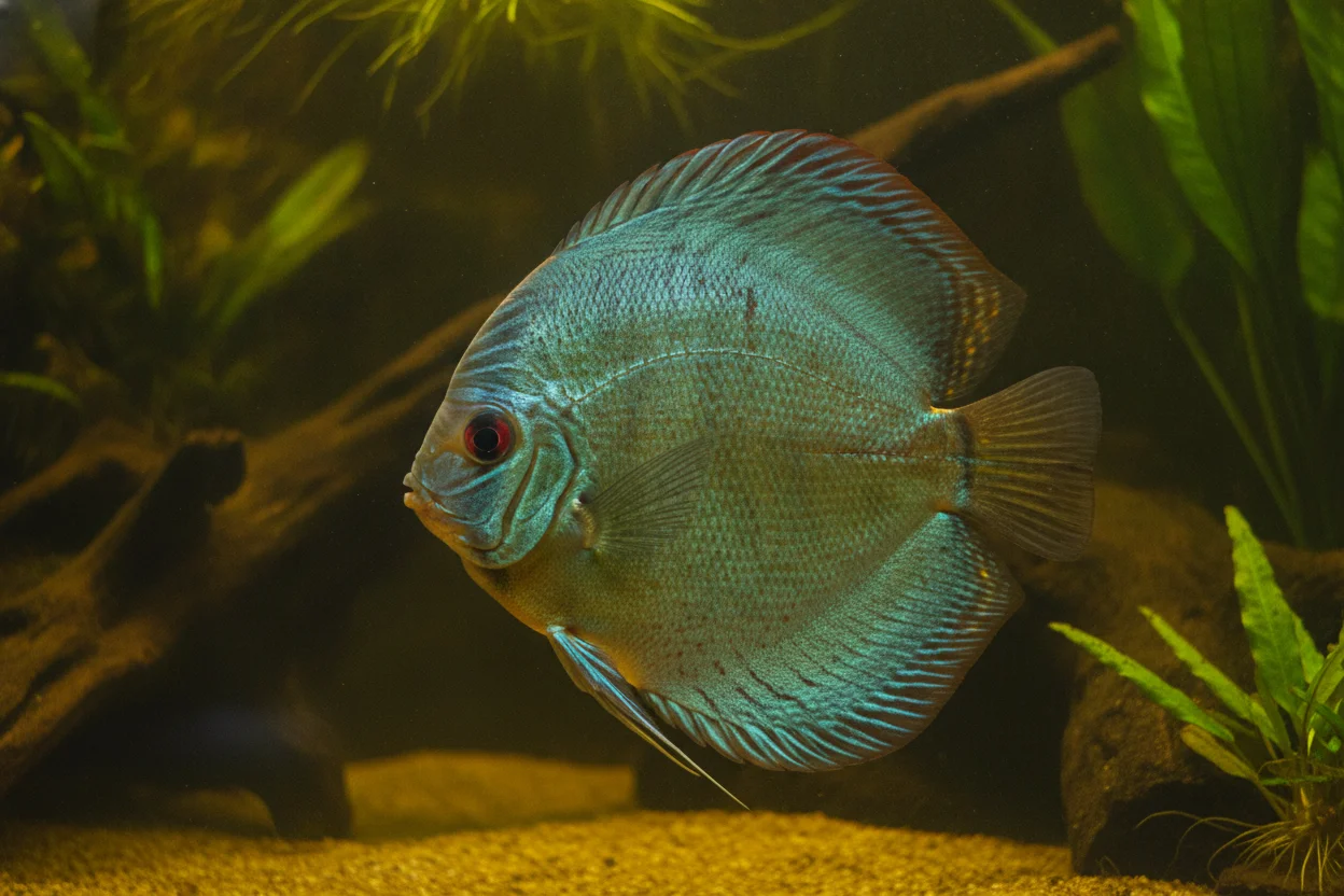 Pez disco turquesa en acuario plantado