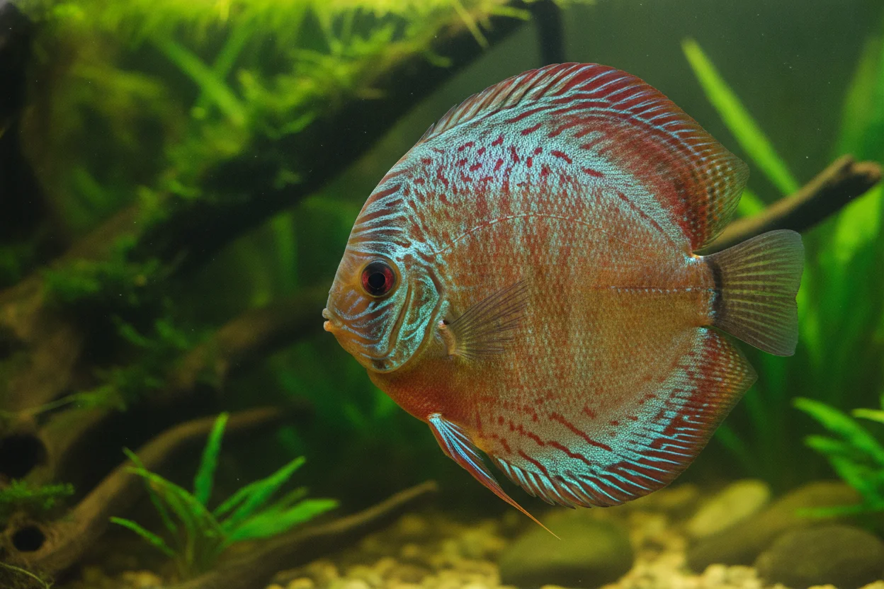 Pez disco de calidad premium mostrando su forma circular perfecta y colores intensos en acuario de agua oscura