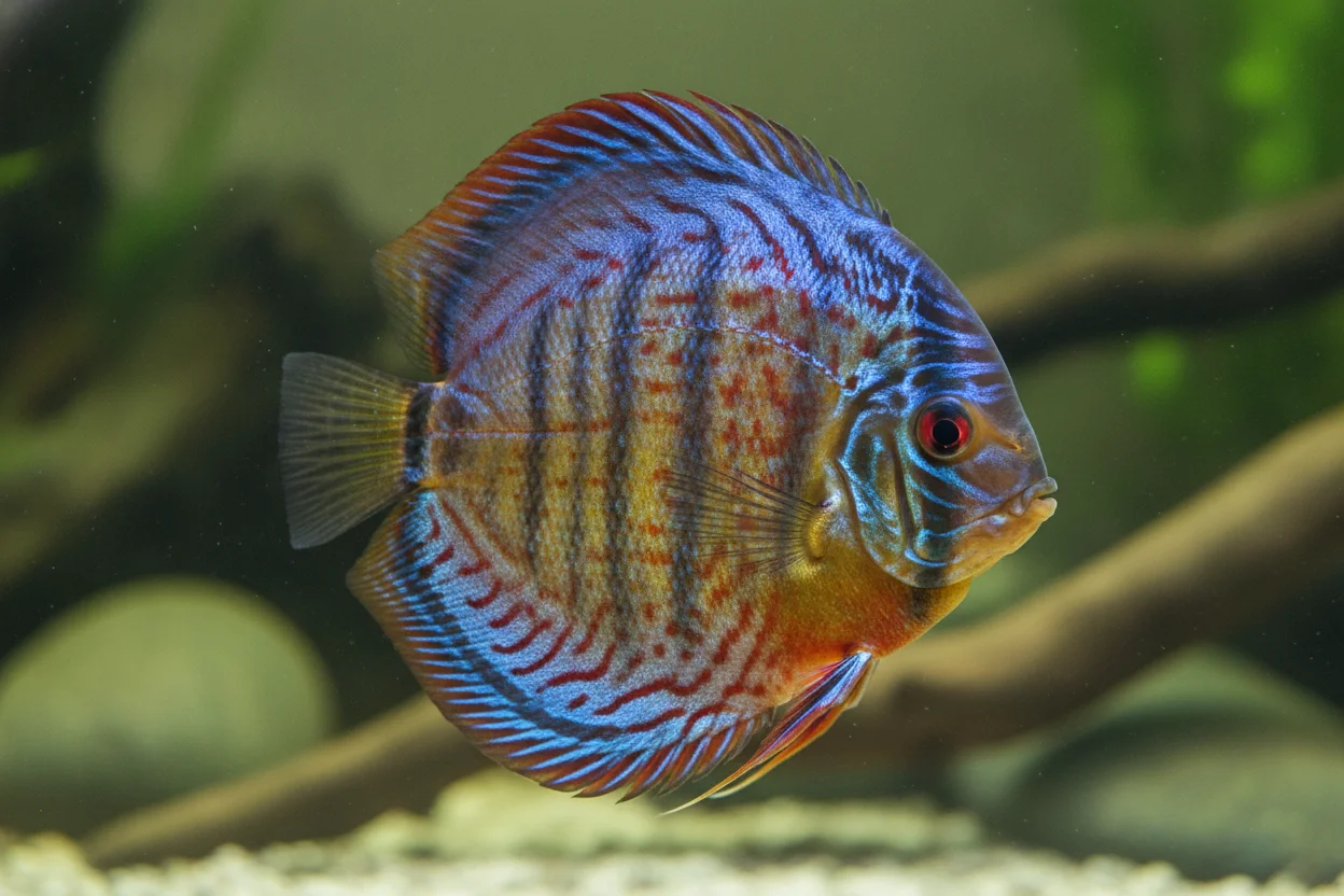 Primer plano de un pez disco sano: cuerpo perfectamente redondo, ojos proporcionados, colores definidos y postura erguida