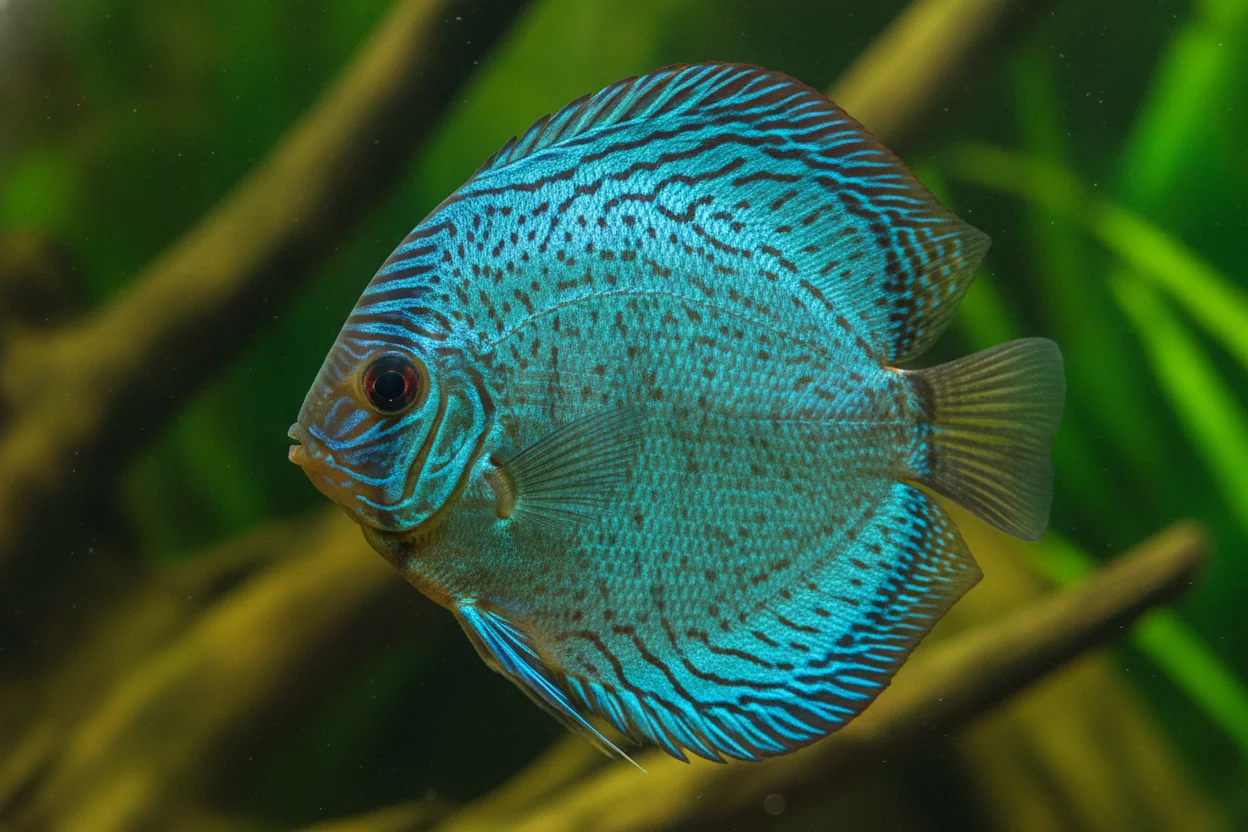 Grupo de peces disco de diferentes variedades en acuario plantado: turquesa, rojo y pigeon blood