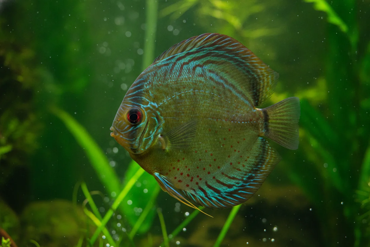 Disco verde o tarzoo (Symphysodon tarzoo) con patrón de líneas verdes y amarillas en acuario botánico