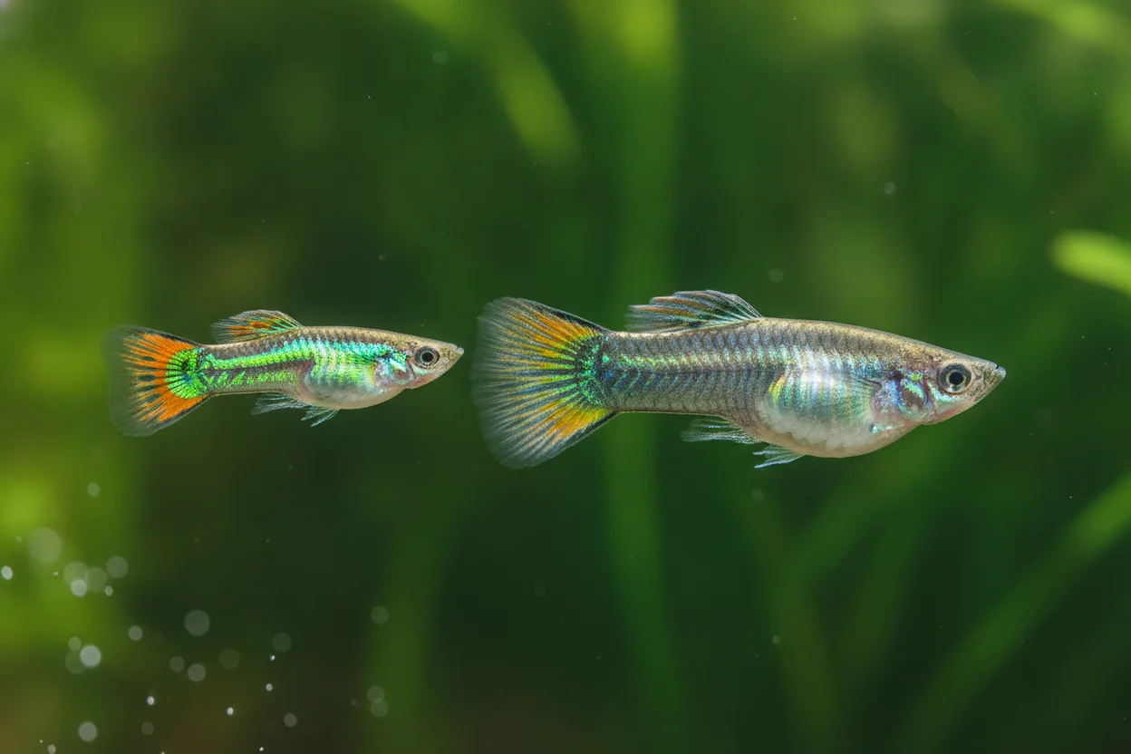 Comparativa de macho endler colorido y hembra gris más grande del guppy endler