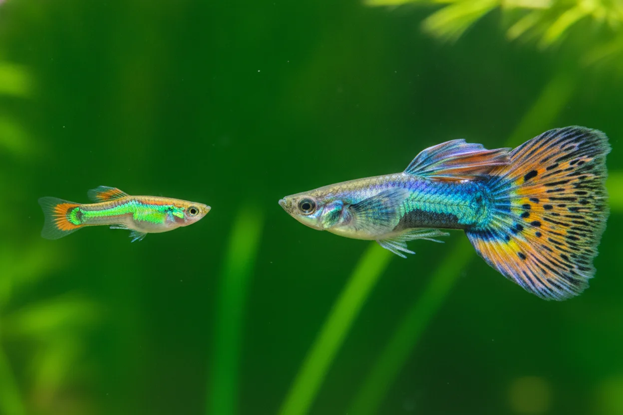 Comparativa de tamaño entre el guppy endler macho pequeño y el guppy común con cola más grande