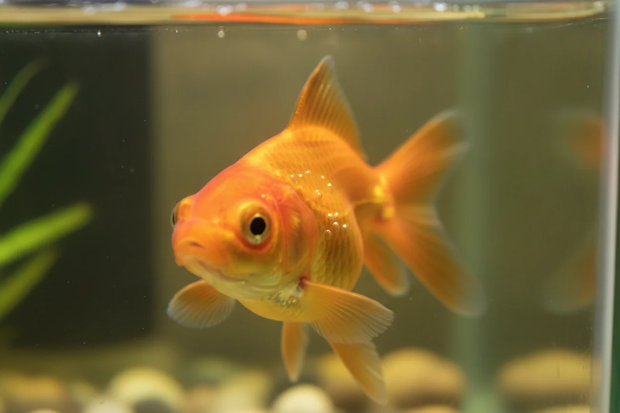 Goldfish naranja observado de cerca en un acuario para revisar su salud
