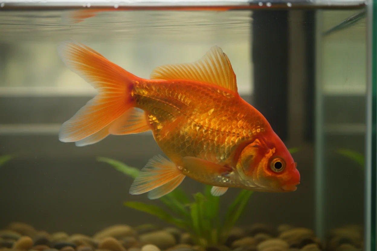 Goldfish flotando inclinado cerca de la superficie, síntoma de vejiga natatoria