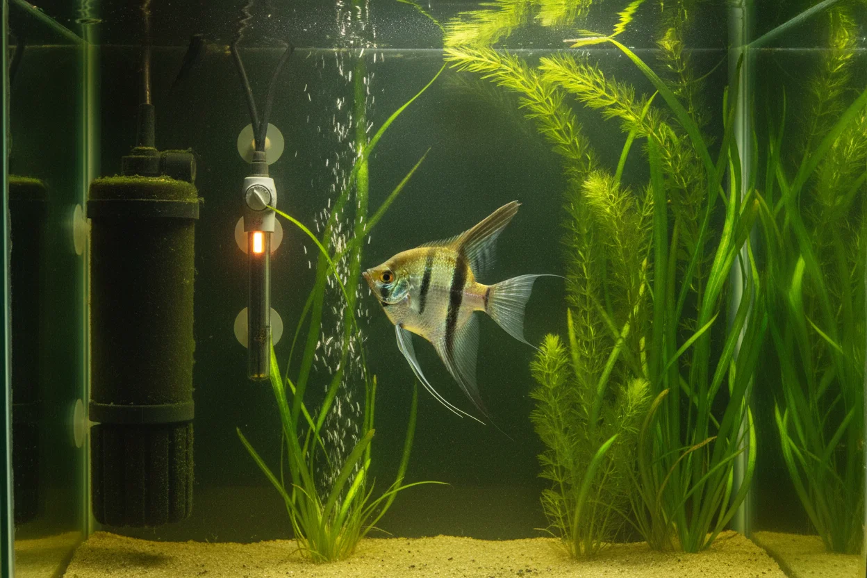 Interior de un acuario de escalares con filtro de mochila y calentador entre plantas amazónicas altas