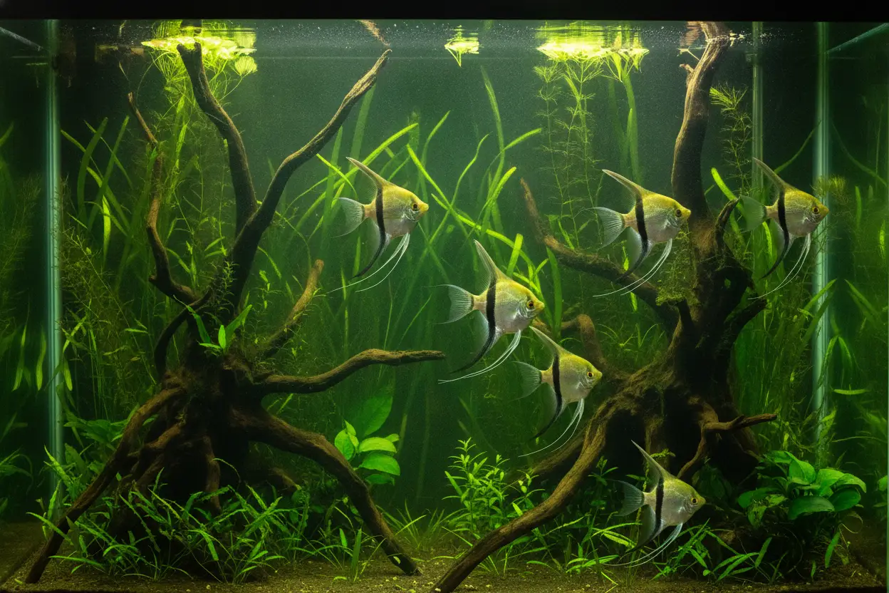 Acuario alto y muy plantado con varios escalares nadando erguidos entre plantas amazónicas de hoja grande