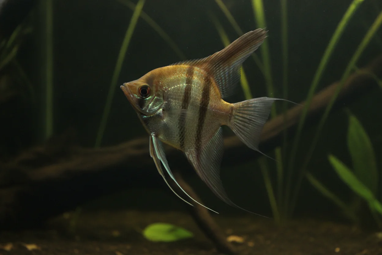 Escalar altum salvaje Pterophyllum altum de cuerpo muy alto y plateado con franjas oscuras en biotopo del Orinoco