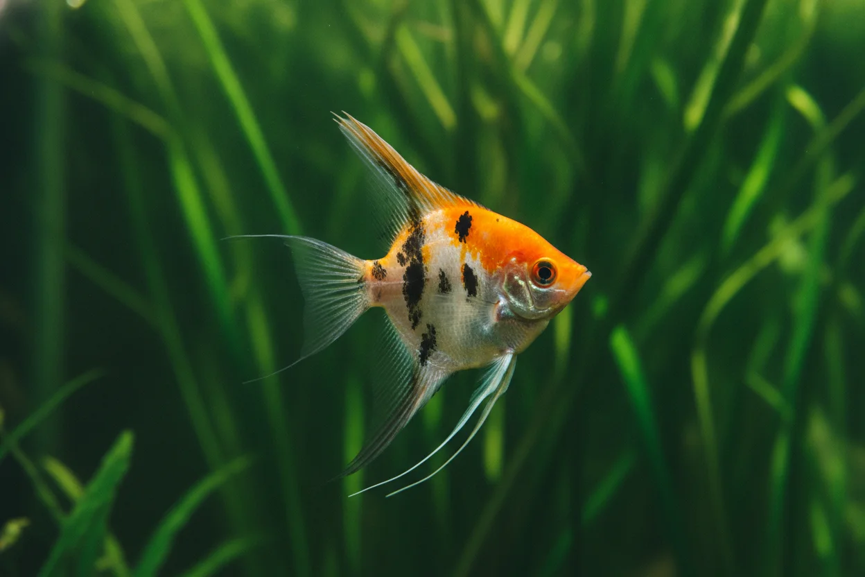 Escalar koi blanco con manchas naranjas y negras en un acuario plantado