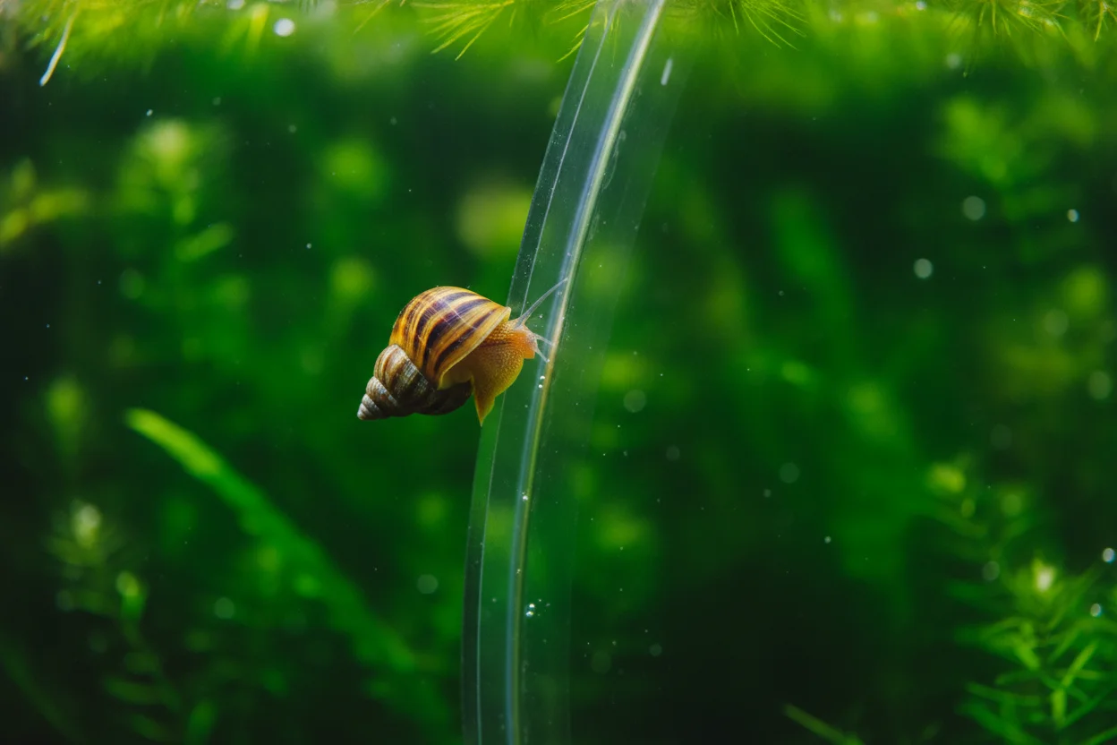 Caracol neritina sobre cristal de acuario