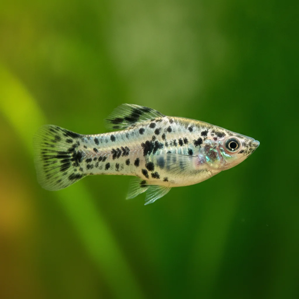Pez molly dálmata blanco con moteado negro en acuario plantado