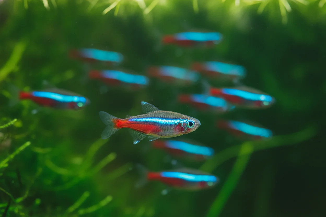 Cardumen de tetras neón con franja azul y roja