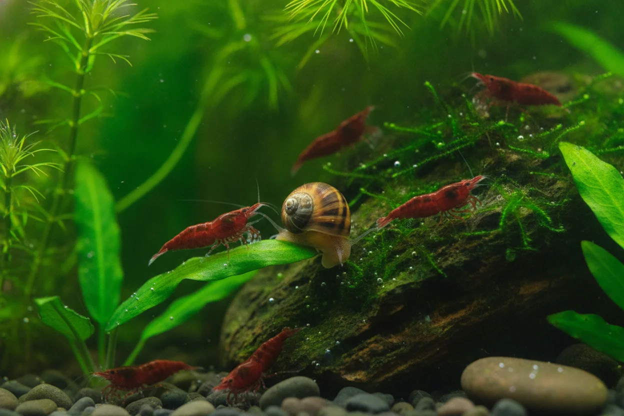 Gambas neocaridina rojas y un caracol nerita sobre una hoja en el acuario