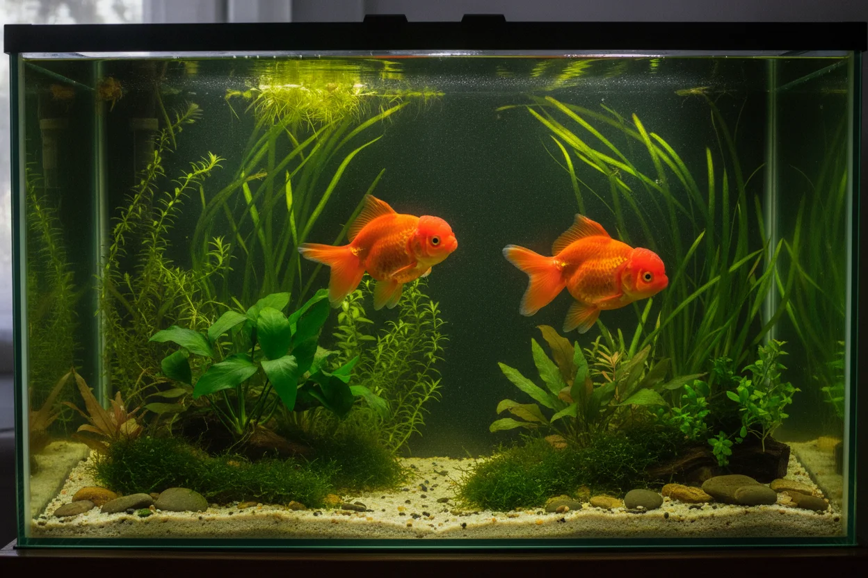 Acuario de agua fría plantado con dos goldfish oranda naranjas, el montaje correcto para un pez dorado