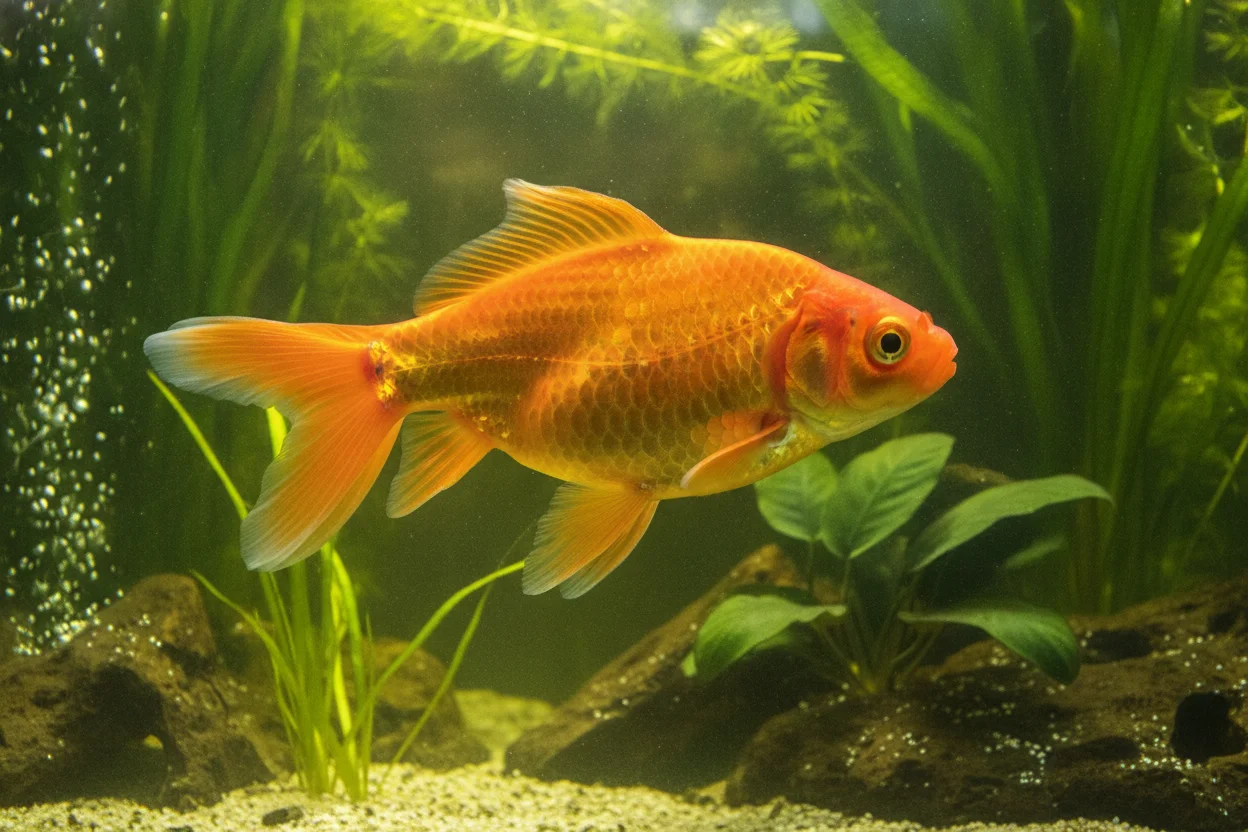 Goldfish común adulto de gran tamaño nadando en un acuario amplio