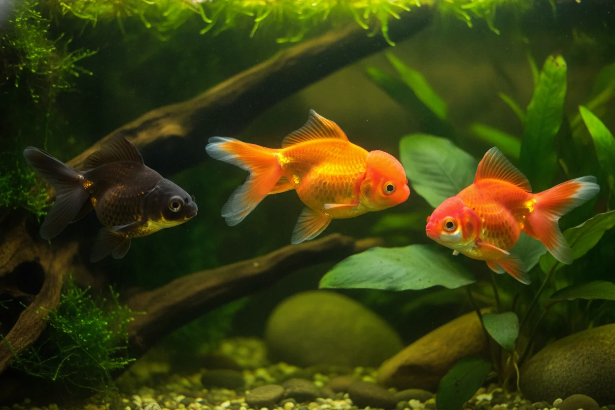 Varias variedades de goldfish juntas: oranda, cometa, telescopio negro y ryukin