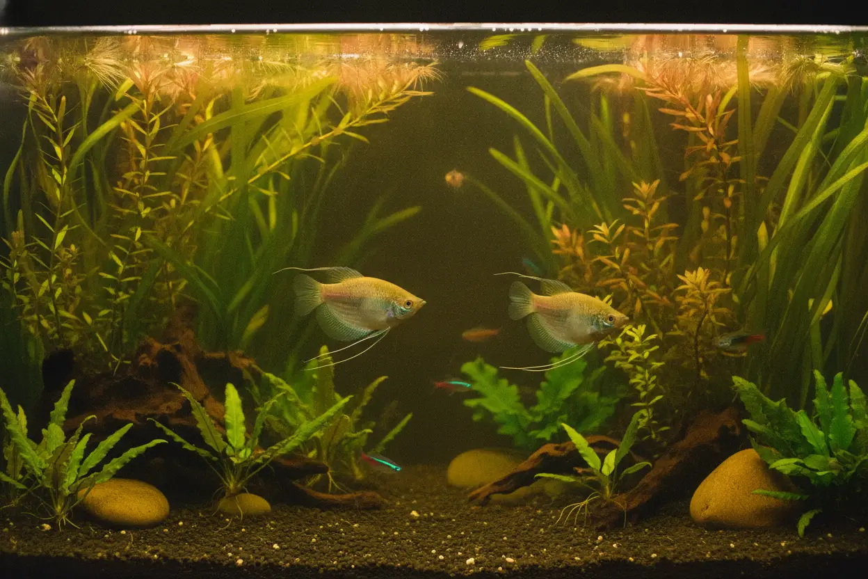 Acuario plantado comunitario con gouramis, plantas de hoja ancha, iluminación suave y zona libre en la superficie del agua