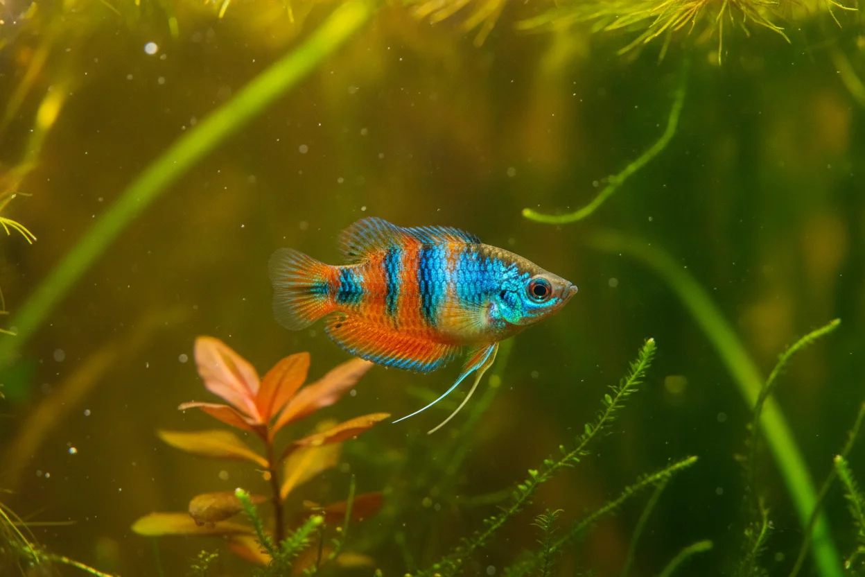 Gourami enano macho (Trichogaster lalius) mostrando su coloración azul eléctrico y rojo intenso en bandas verticales en un acuario plantado