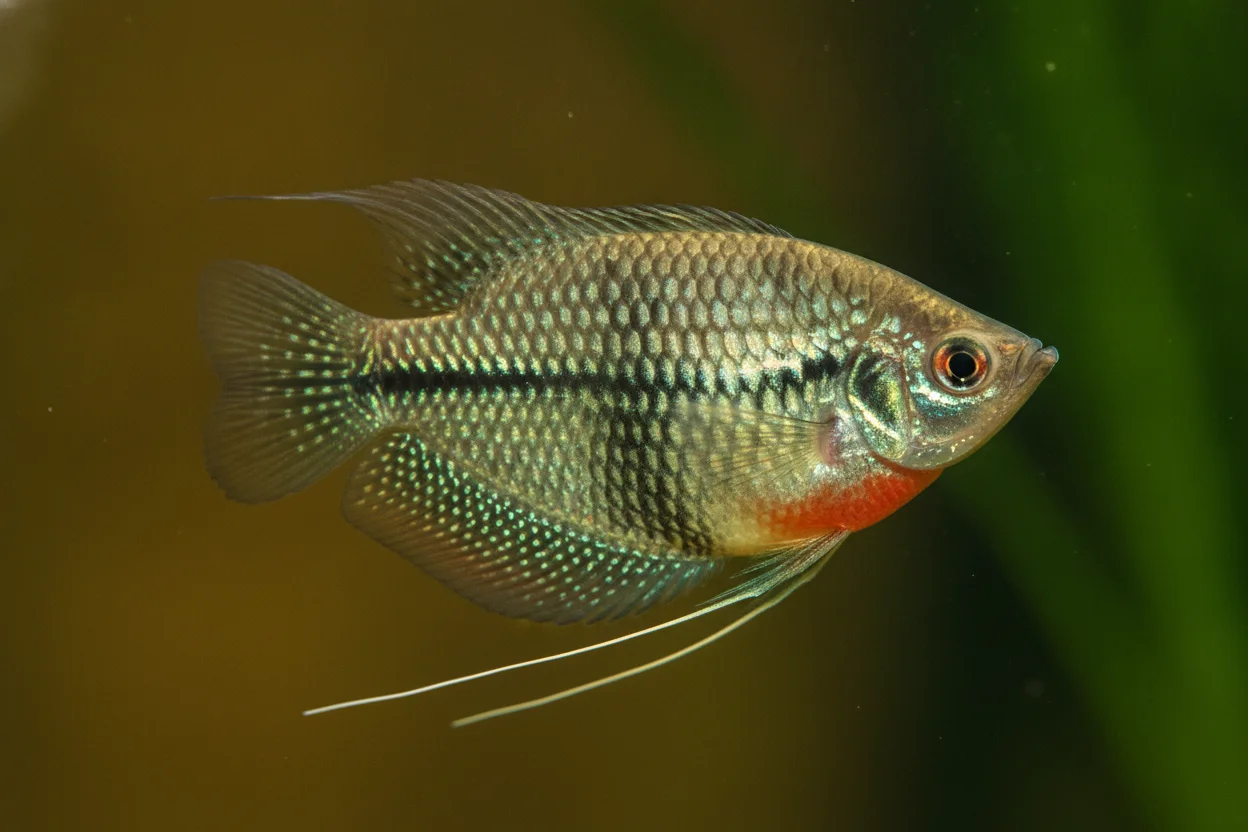 Gourami perla con aletas en forma de hilo en un acuario plantado