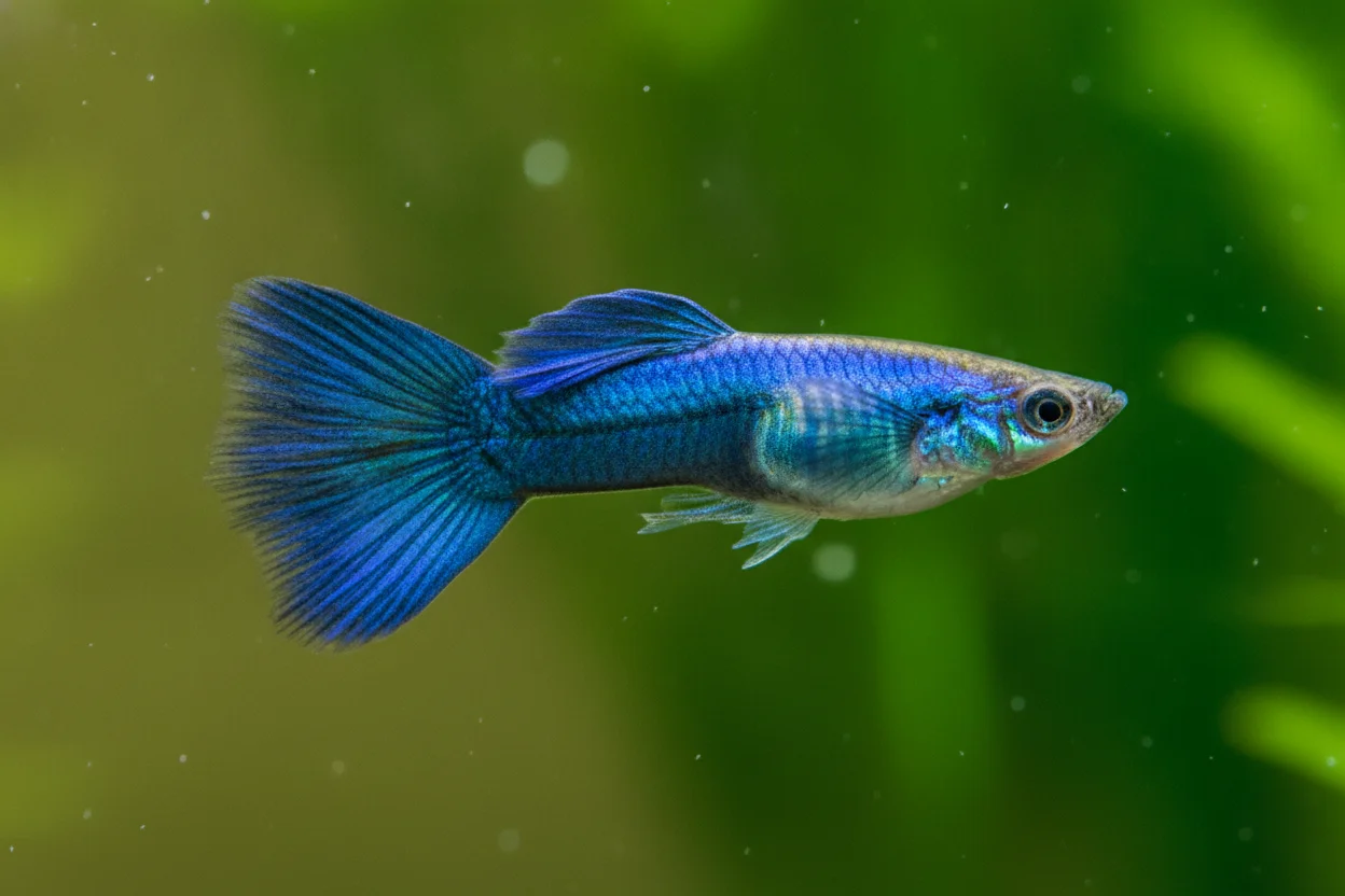 Guppy blue moscow con cuerpo azul metálico denso y reflejos iridiscentes