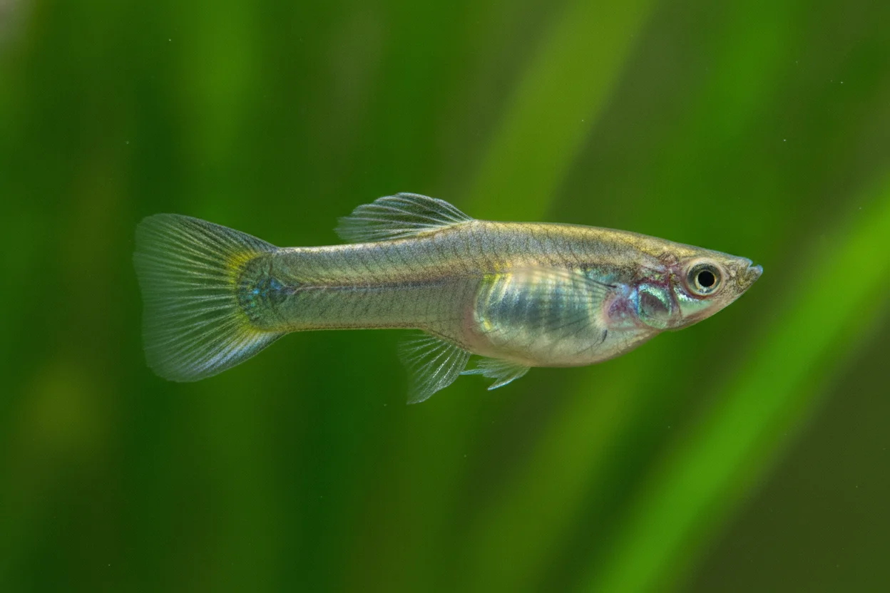 Guppy hembra más grande, grisácea y con la aleta anal triangular