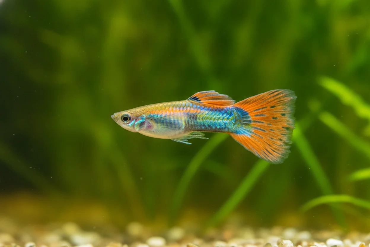 Macho de pez guppy de cola colorida nadando en un acuario plantado