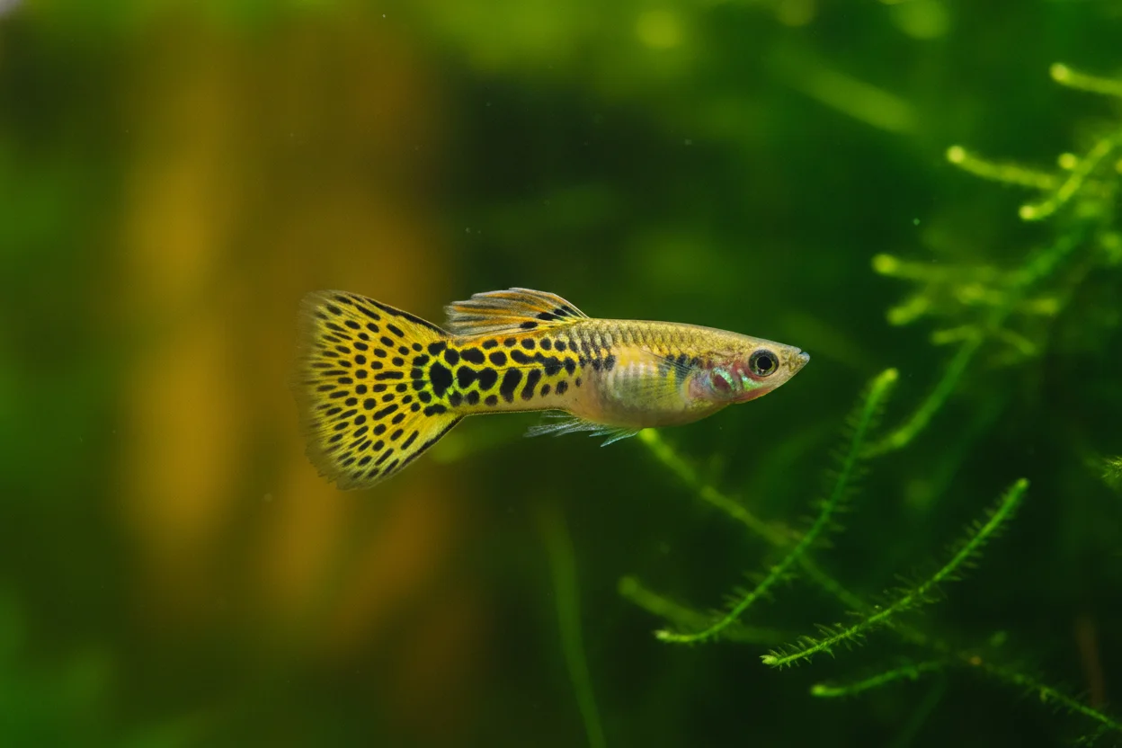 Guppy leopardo con puntos oscuros distribuidos sobre el cuerpo y la cola en fondo claro