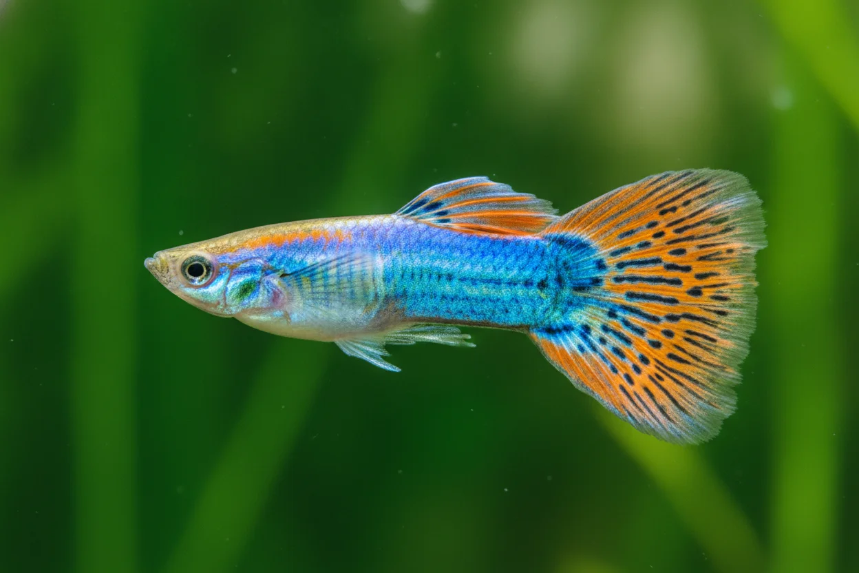 Guppy macho con cola grande y colores intensos en azul, rojo y naranja