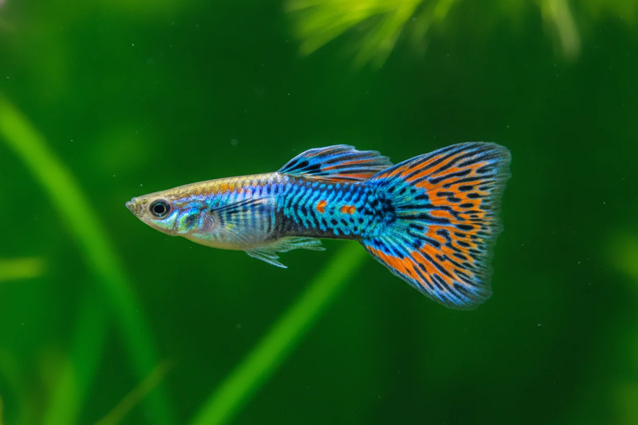 Guppy mosaico con cola de manchas irregulares en varios colores distribuidos al azar