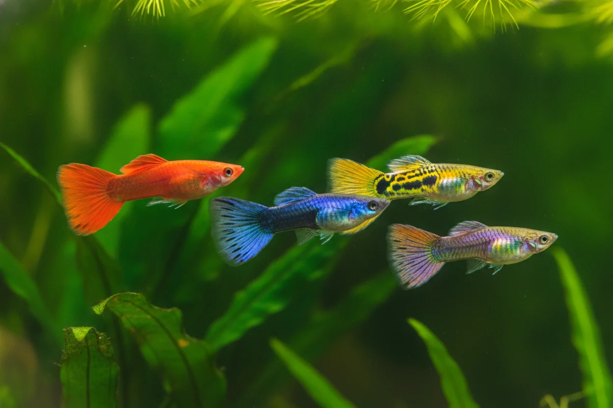 Varios guppys macho de colores variados nadando en un acuario plantado