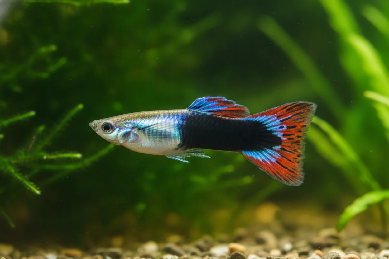 Guppy tuxedo con la mitad trasera del cuerpo negra y la delantera de color contrastado
