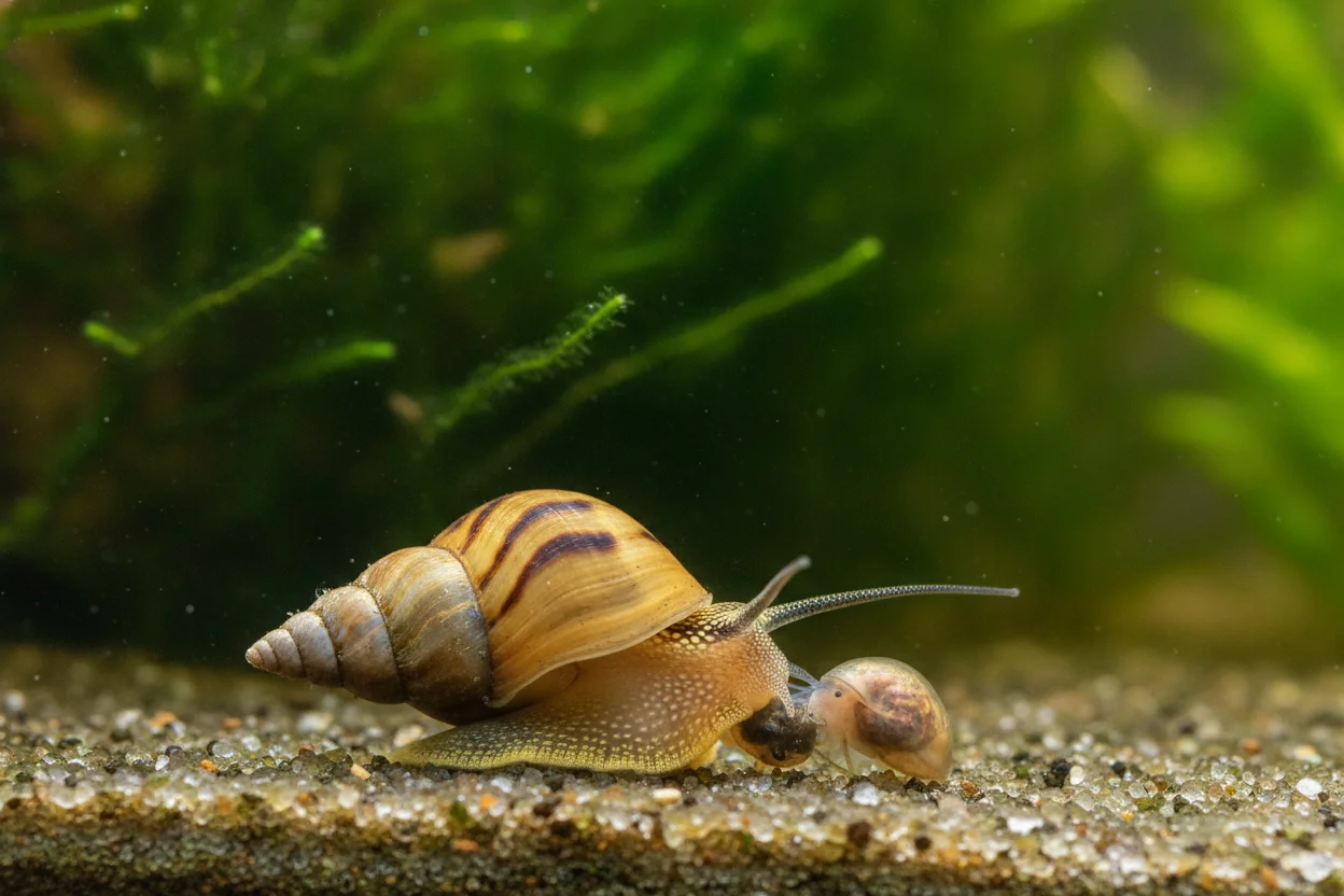 Caracol helena devorando a otro caracol más pequeño sobre la arena del acuario