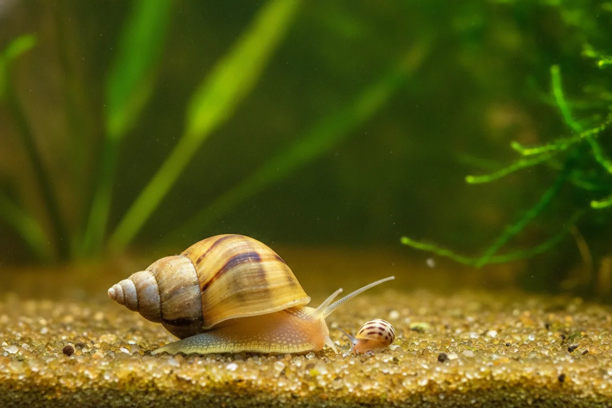 Caracol helena adulto junto a una cría diminuta de la misma especie sobre la arena del acuario