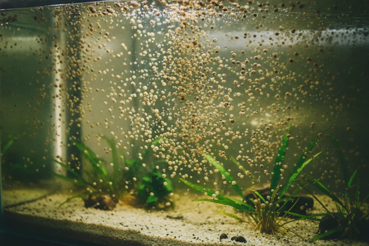 Cristal de un acuario cubierto de pequeños caracoles de plaga