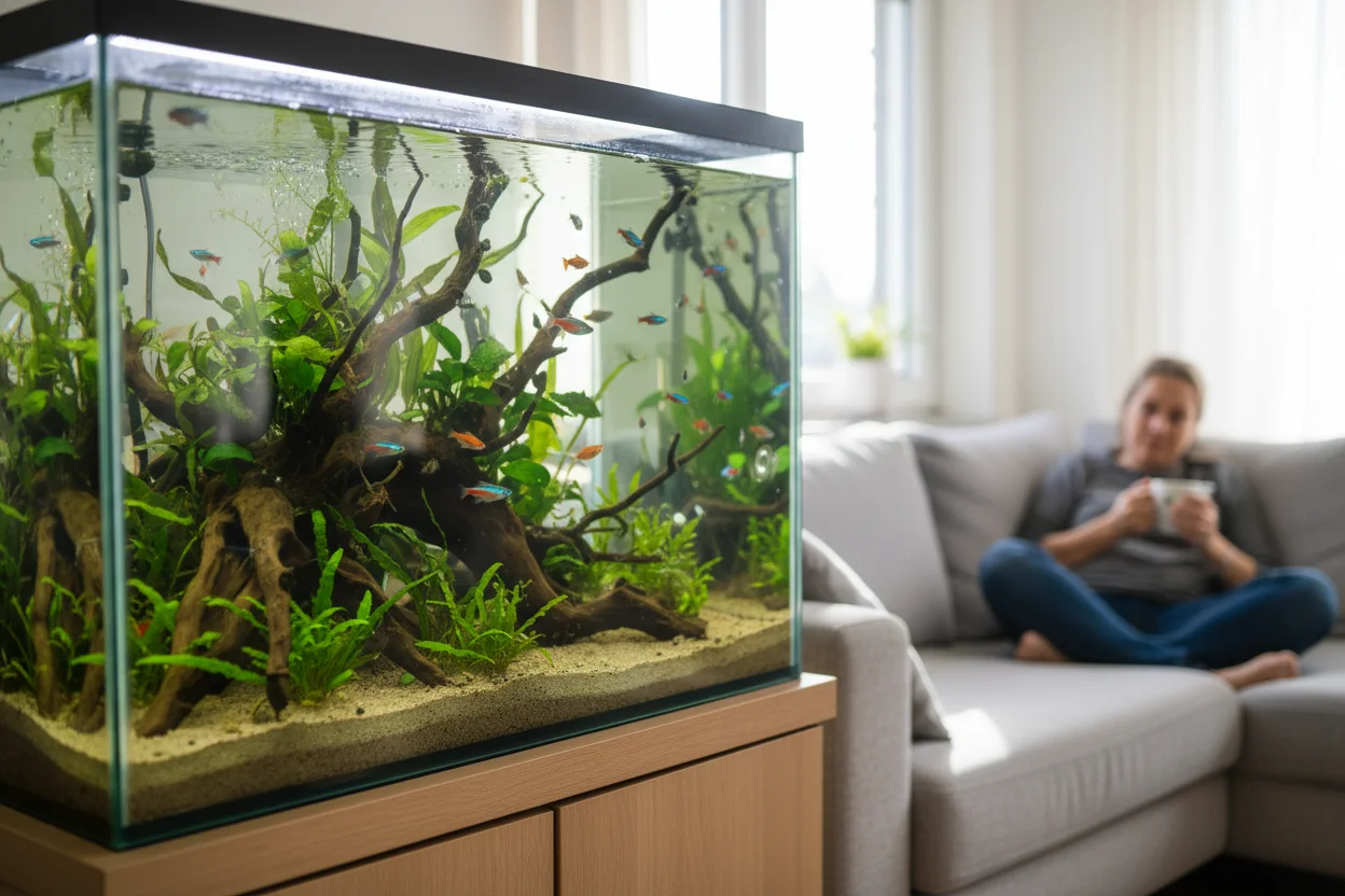 Acuario plantado en el salón de una casa