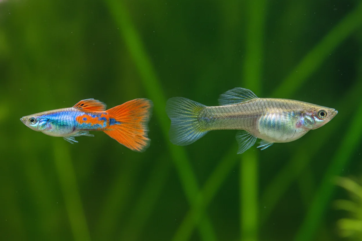 Guppy macho colorido de cola grande junto a una hembra gris más grande en un acuario plantado