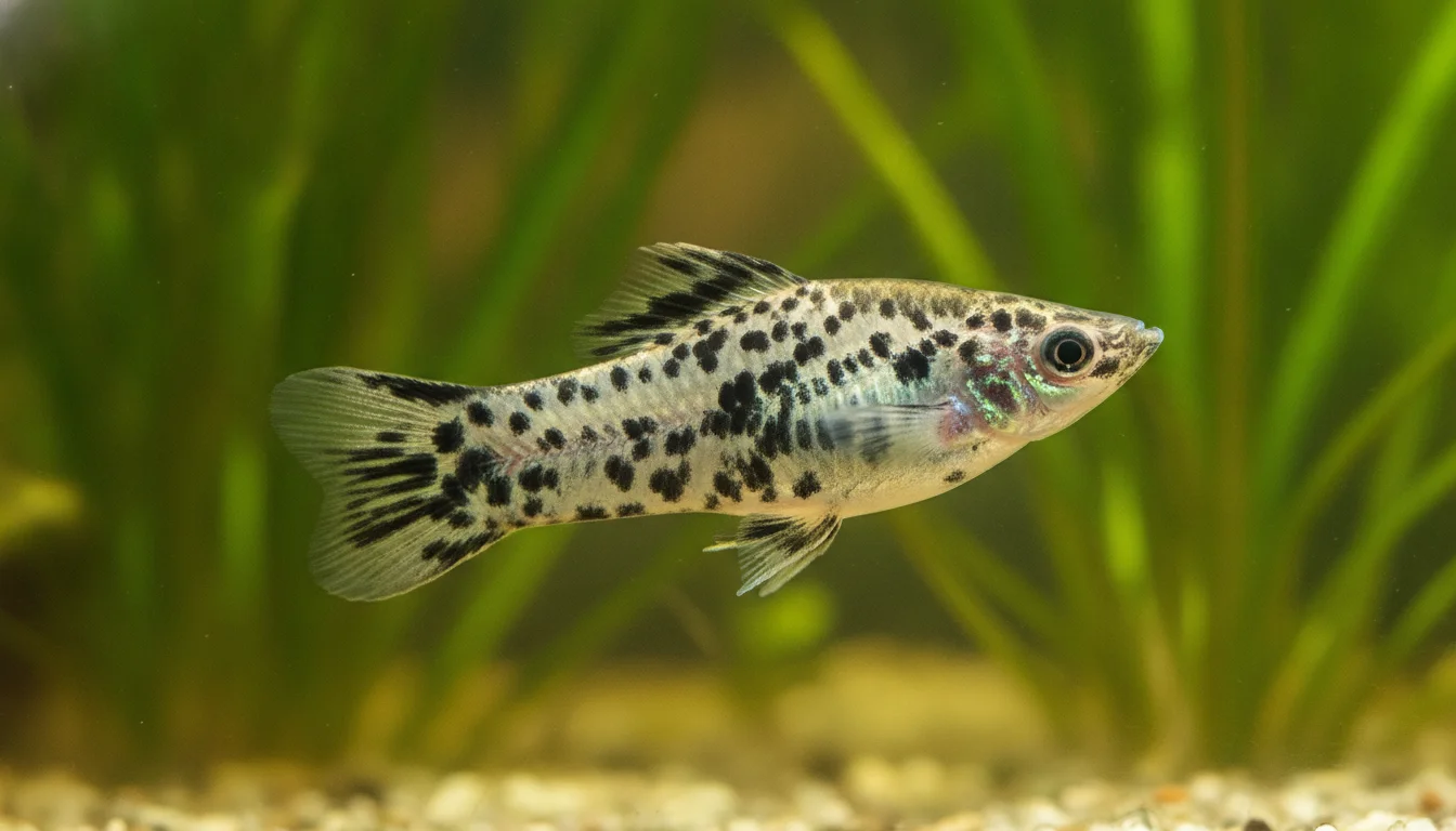 Pez molly dálmata de cola moteada nadando en un acuario plantado