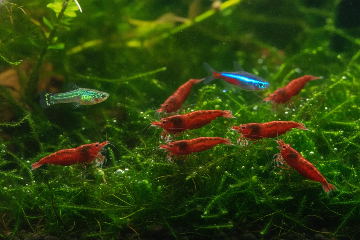 Gambas neocaridina rojas conviviendo con un pez pequeño y pacífico en un acuario plantado