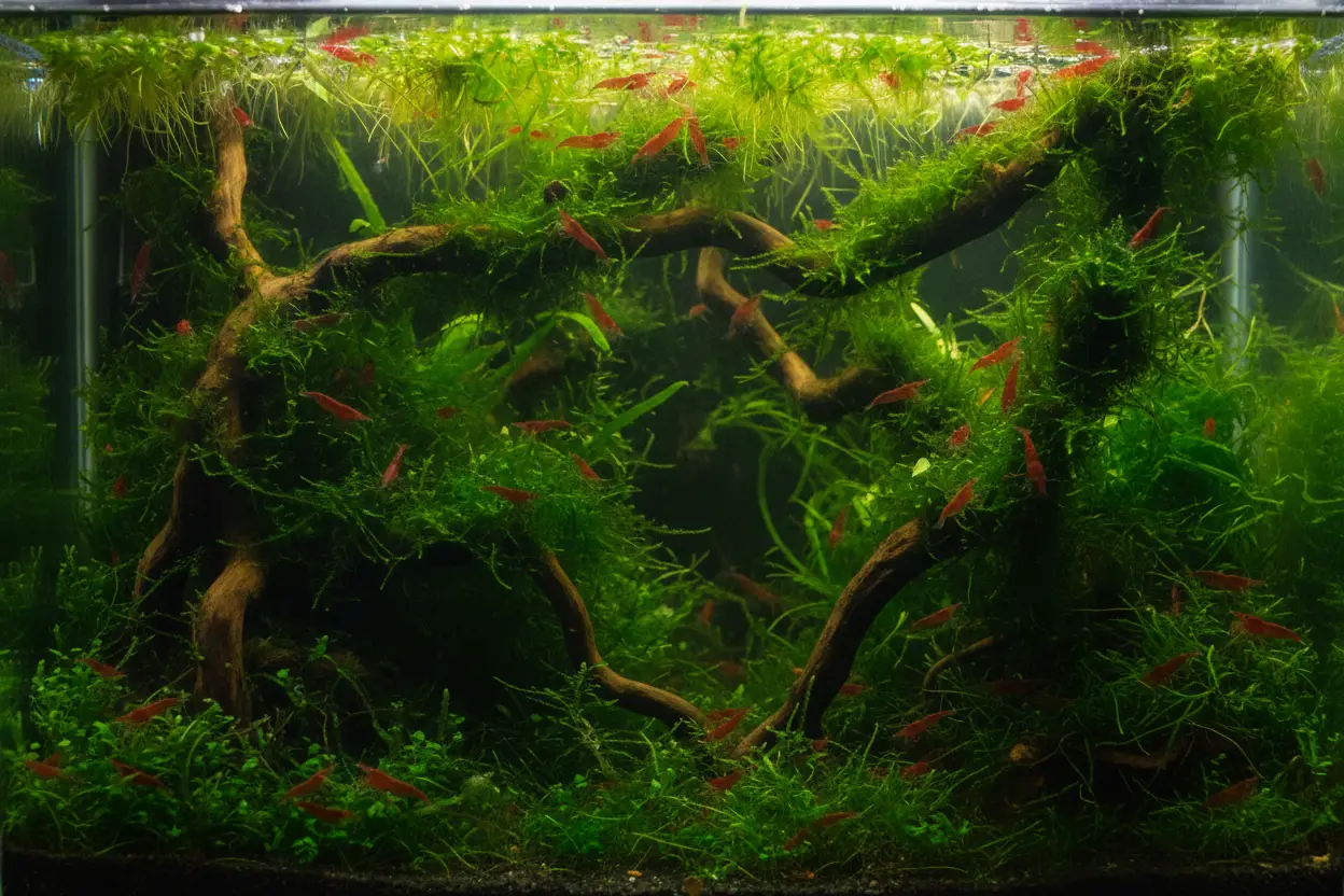 Gambario plantado, un nano acuario con musgo y troncos donde viven gambas neocaridina rojas