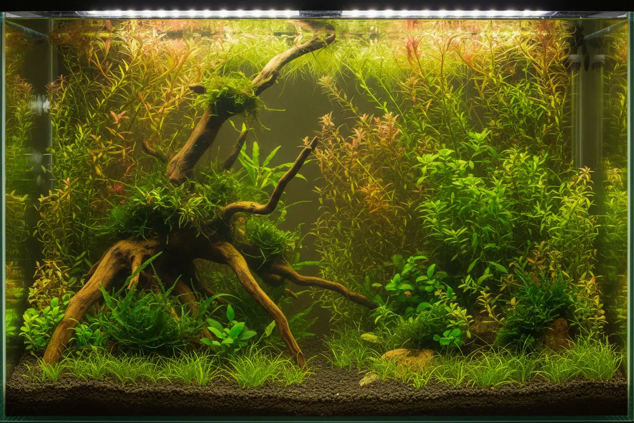 Acuario plantado tipo aquascape ideal para un cardumen de peces neon