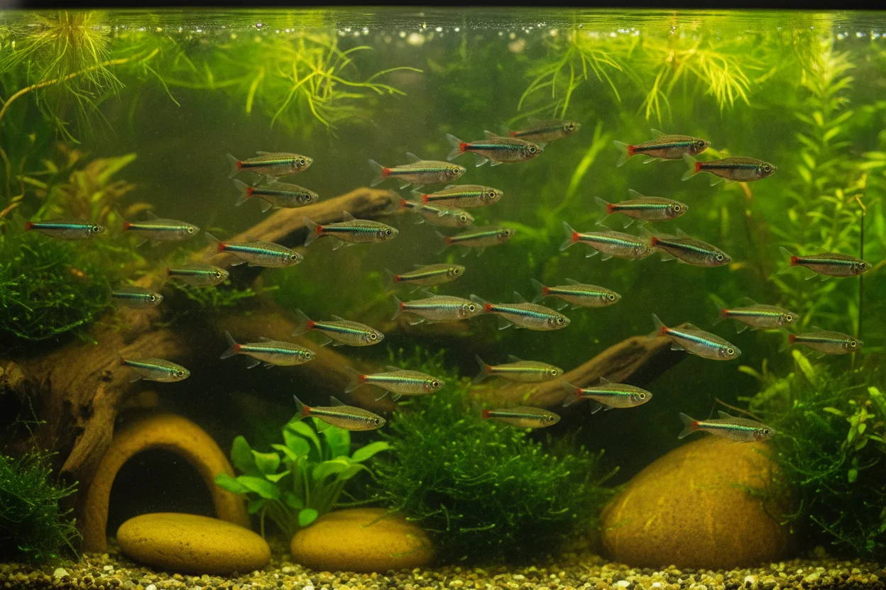 Acuario plantado de agua fría con cardumen de neones chinos, plantas de hoja fina y sustrato fino